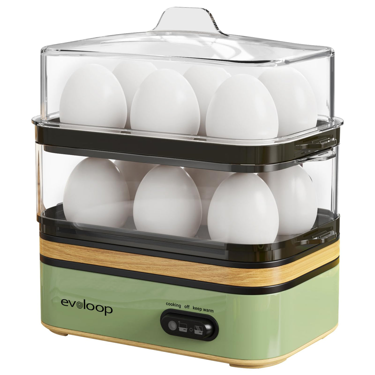Evoloop Rapid Egg Cooker showing 12-egg capacity, top view for batch prep