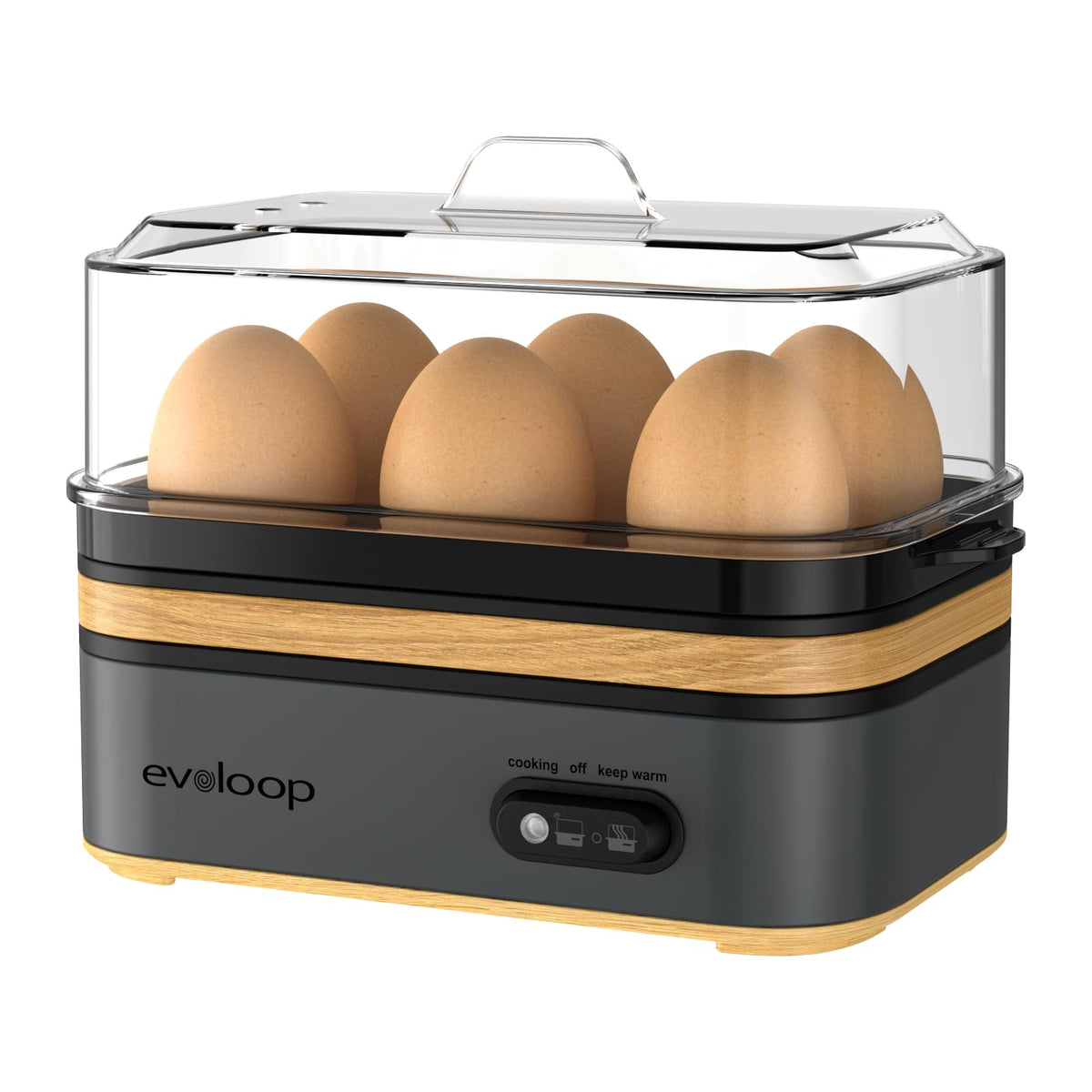 Evoloop Rapid Egg Cooker viewed with six-egg capacity and compact design for small kitchens.