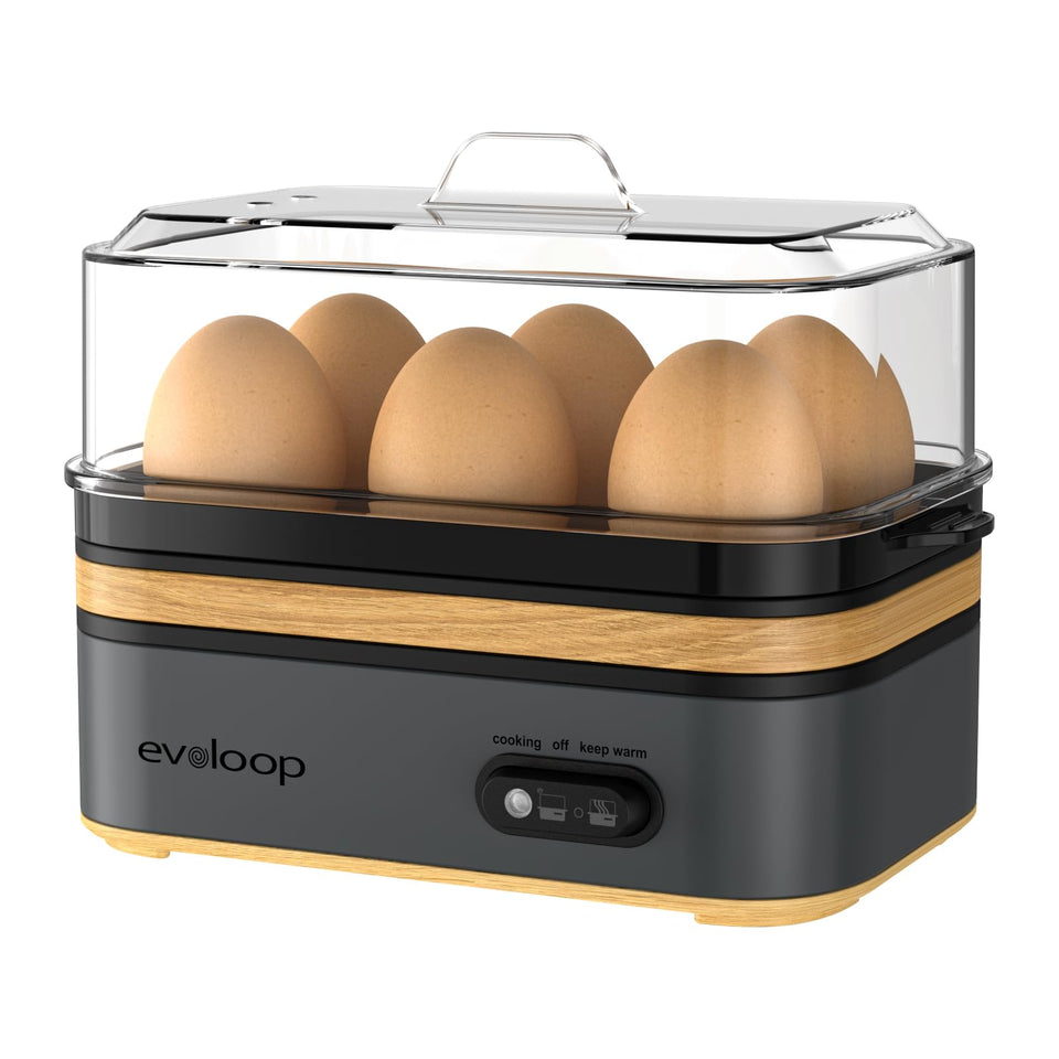 Evoloop Rapid Egg Cooker viewed with six-egg capacity and compact design for small kitchens.