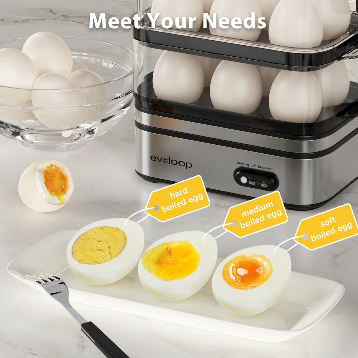 Evoloop rapid egg cooker dual layer design enabling batch cooking
