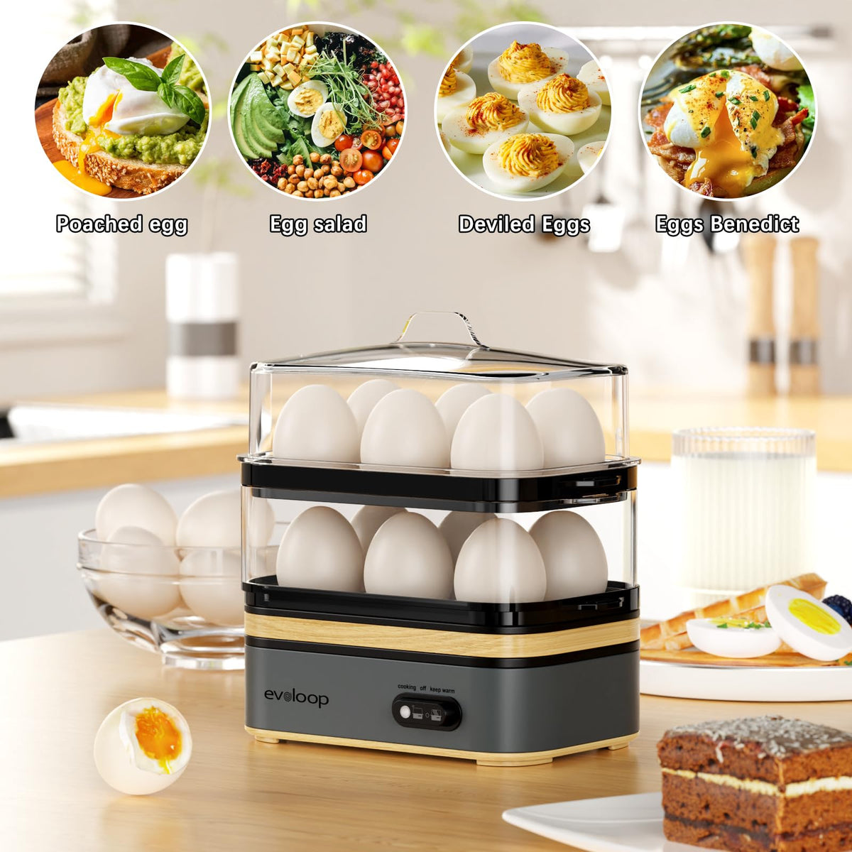 Evoloop Rapid Egg Cooker egg holder trays demonstrate double-layer capacity for 12 eggs