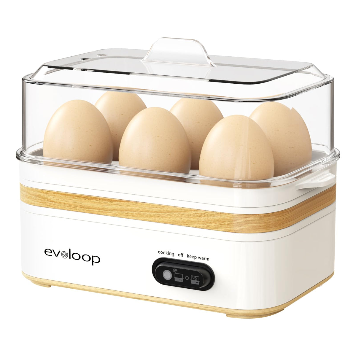 Evoloop rapid egg cooker front view showing compact design for small kitchens.