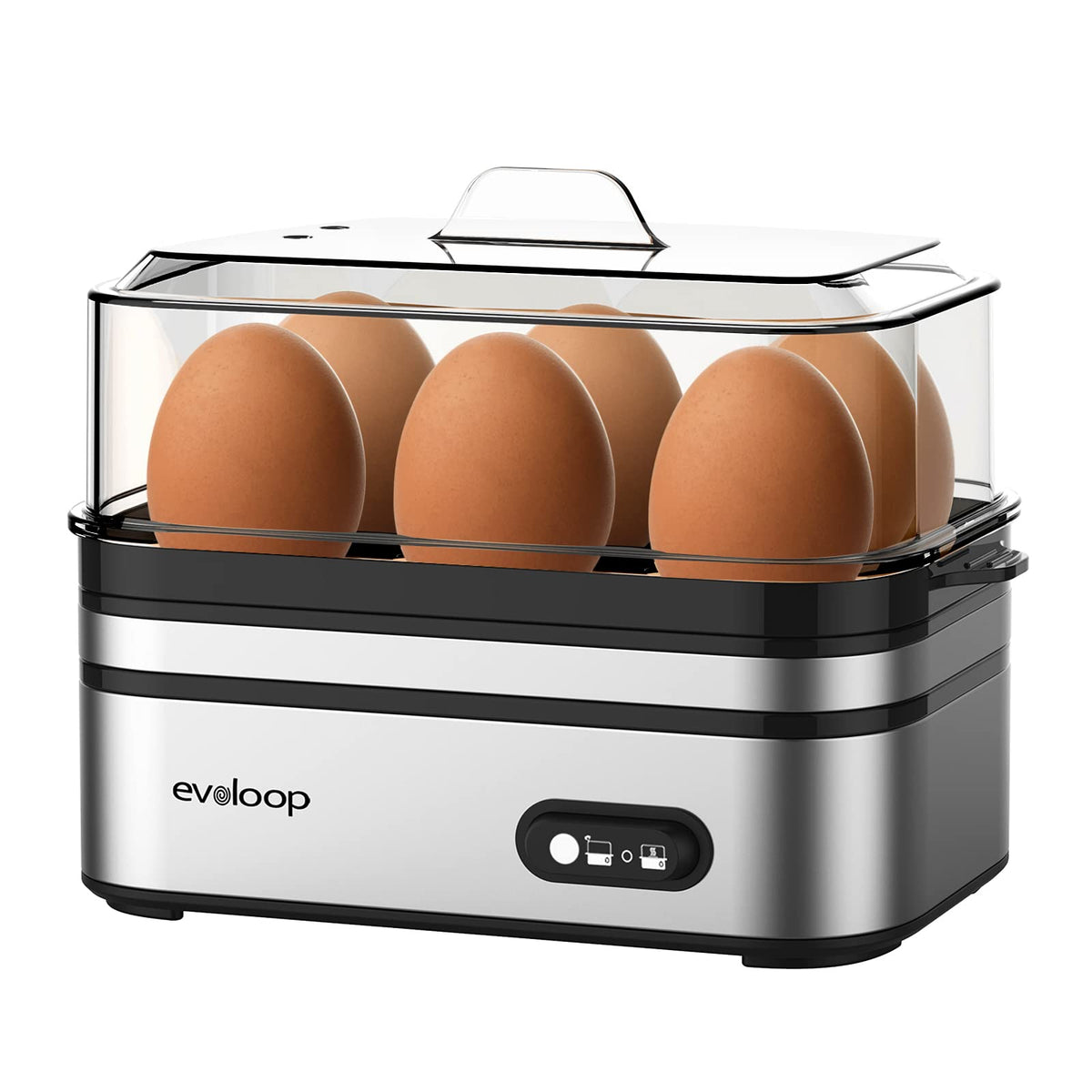 Evoloop Rapid Egg Cooker front view on a compact kitchen counter.
