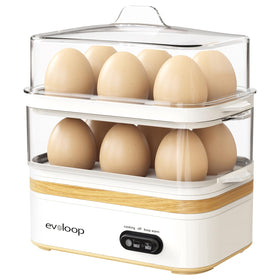 Evoloop Rapid Egg Cooker showing full 12-egg capacity for batch breakfasts.