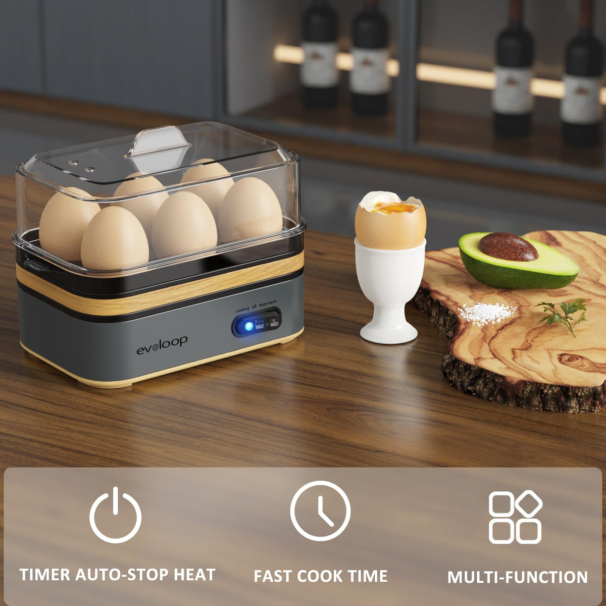 Evoloop Rapid Egg Cooker hard-boil option presented for meal prep.