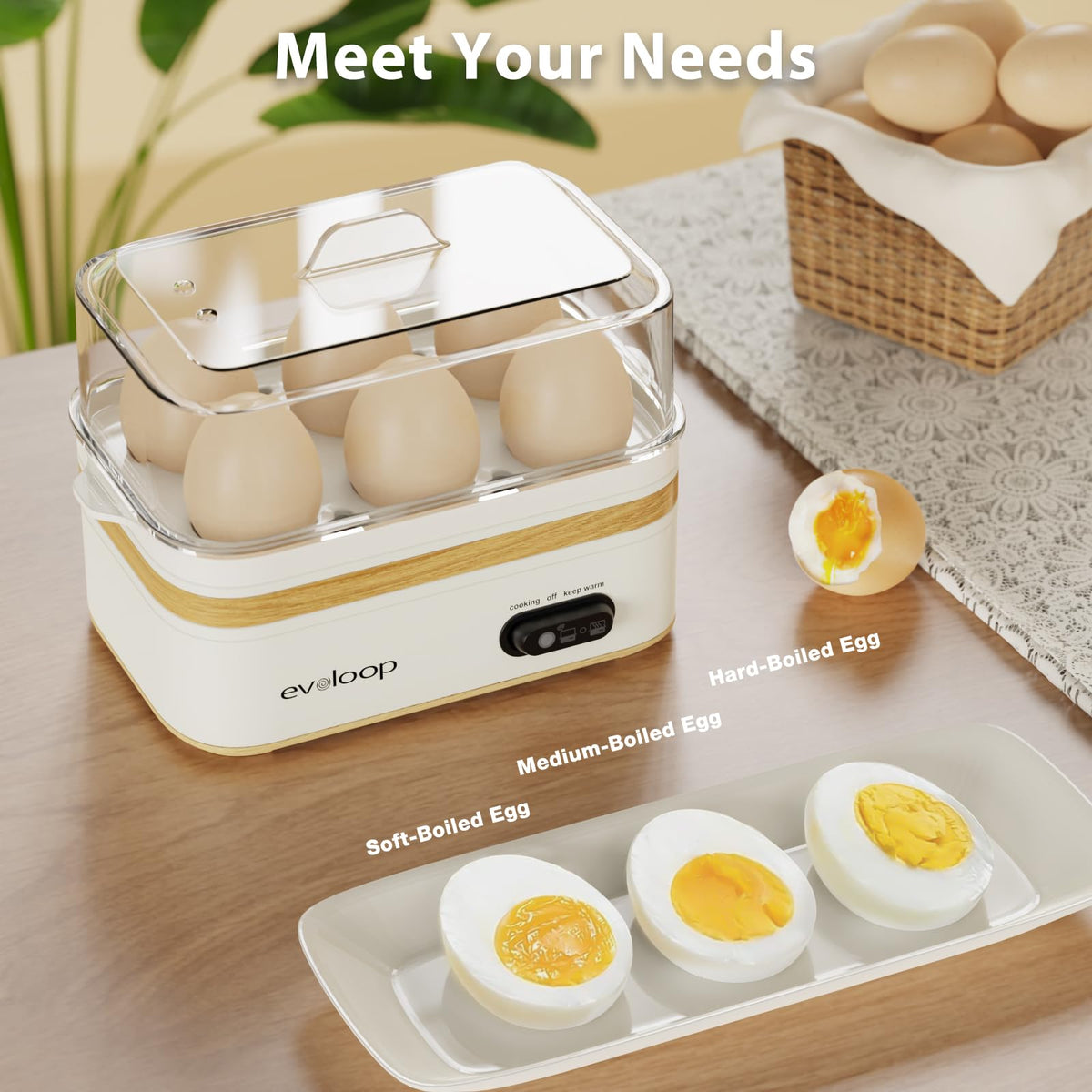 Evoloop rapid egg cooker interior with eggs, highlighting even cooking results.