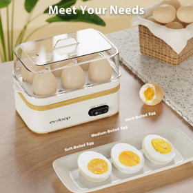Evoloop rapid egg cooker interior with eggs, highlighting even cooking results.