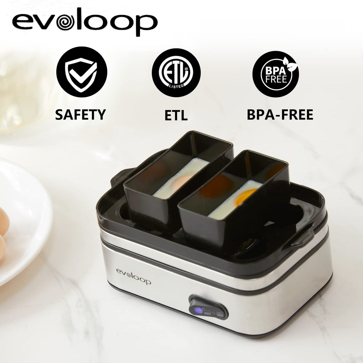 Evoloop measuring cup included for precise cooking measurements.