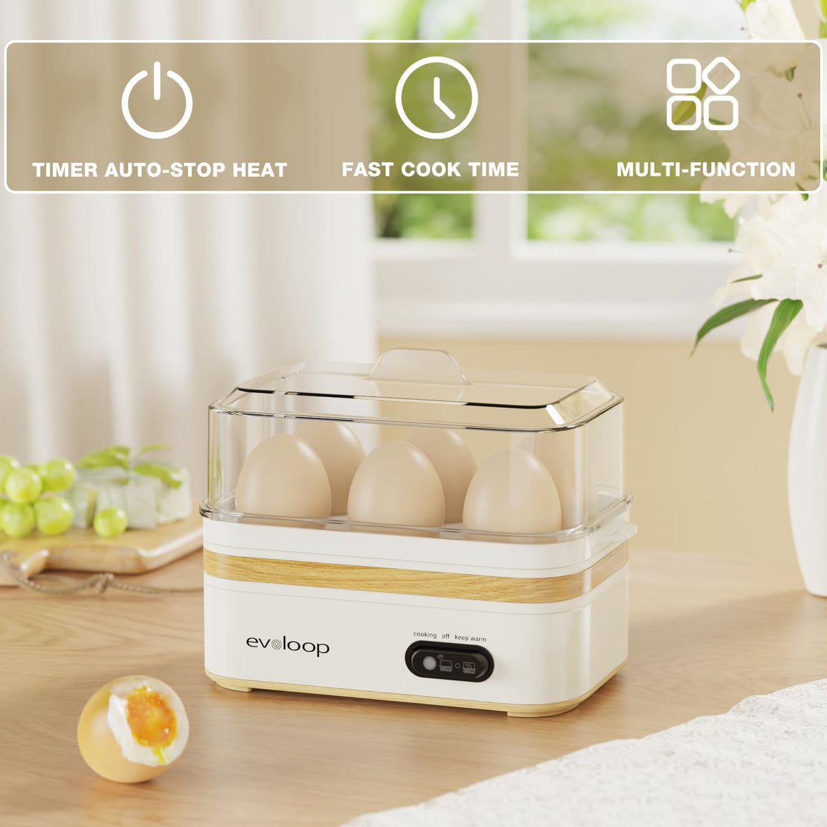 Evoloop rapid egg cooker six-egg capacity displayed for efficient meal prep.