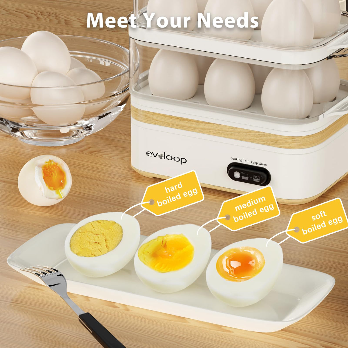 Evoloop egg cooker stackable design saves counter space.