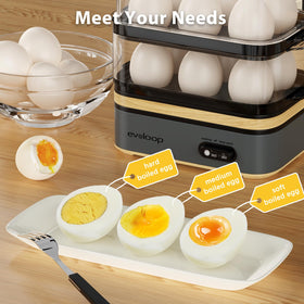 Evoloop Rapid Egg Cooker stacked design image showcases space-saving versatility for solo or family meals
