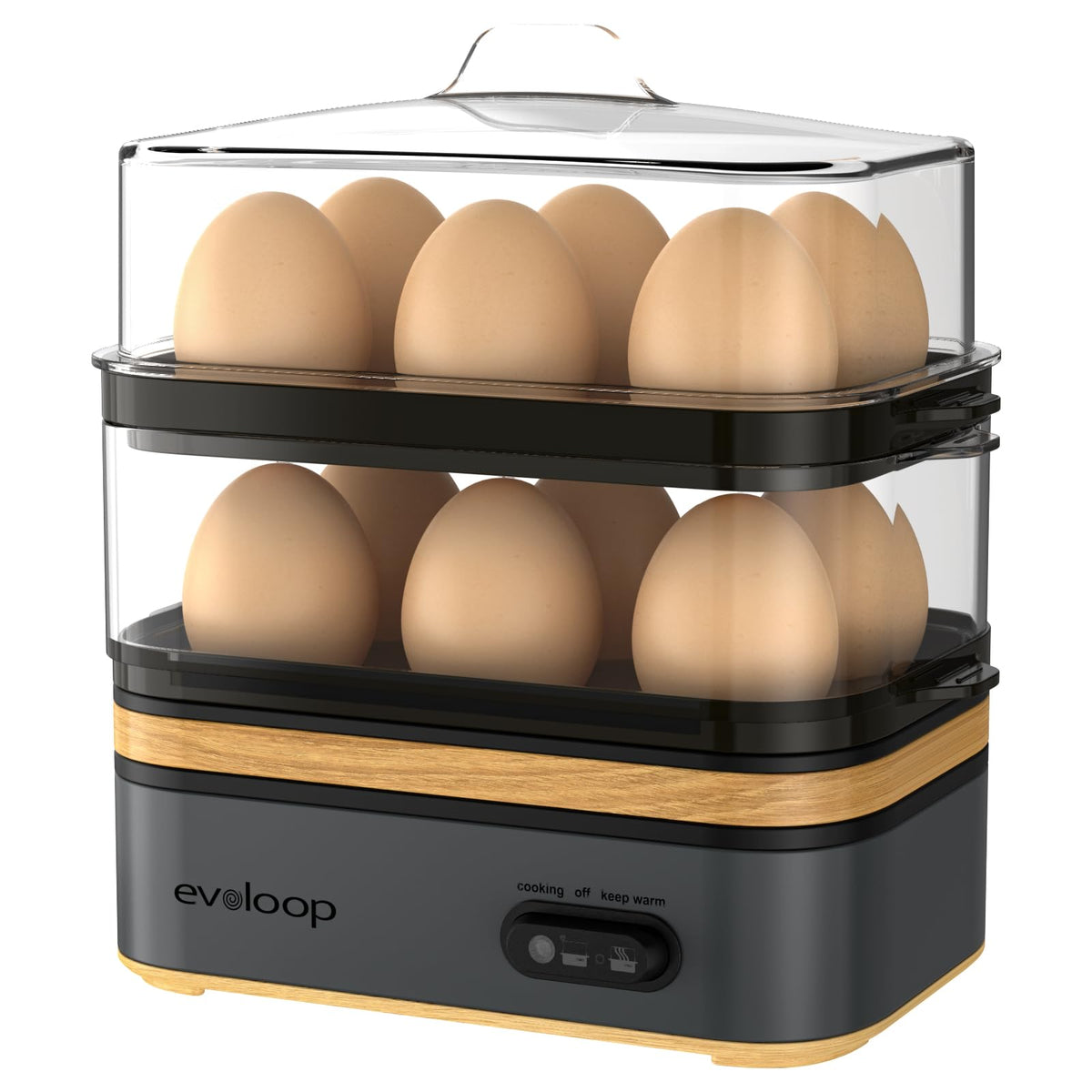 Evoloop Rapid Egg Cooker top view highlights compact design for quick, organized breakfasts
