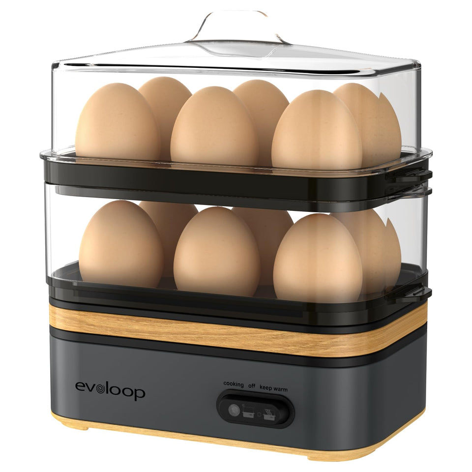 Evoloop Rapid Egg Cooker top view highlights compact design for quick, organized breakfasts