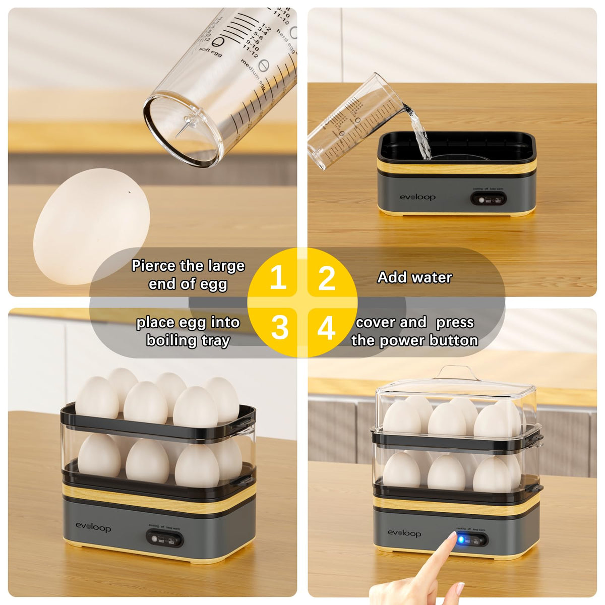 Evoloop Rapid Egg Cooker transparent lid view emphasizes easy monitoring of doneness