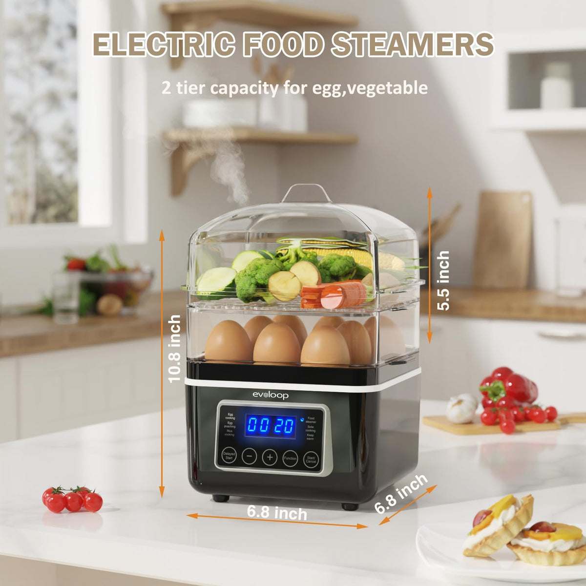 Evoloop steamer timer keeps warm feature for easy breakfast prep