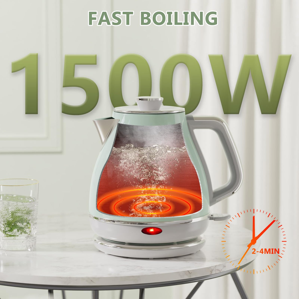Evoloop kettle heats water at 1500W for fast tea or coffee.