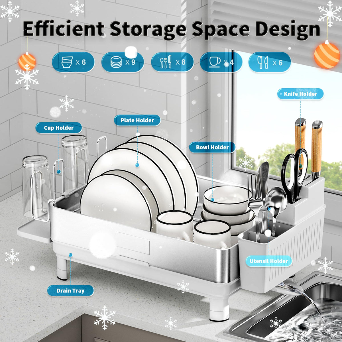 Ewaiira dish drying rack with drain spout illustrating automatic drainage