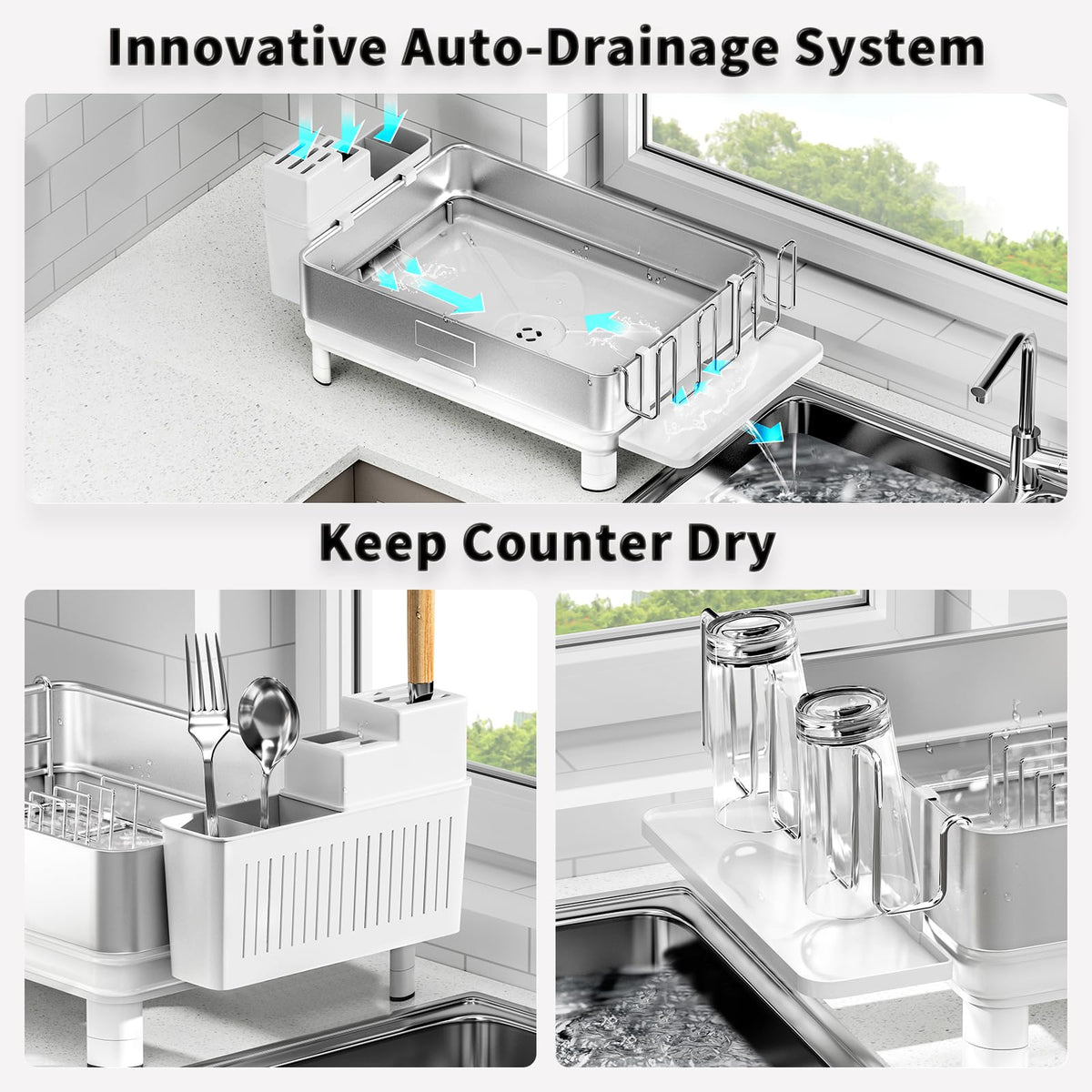 Ewaiira dish drying rack featuring a cutlery holder for utensils