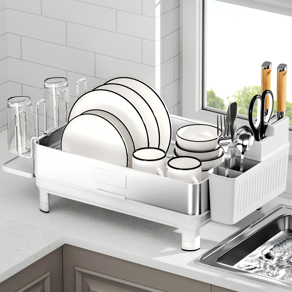 Ewaiira dish drying rack in white finish enhancing modern kitchen aesthetics