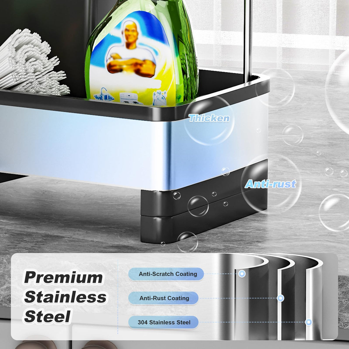 Ewaiira sink caddy bottom view highlights anti-slip base to protect countertops.