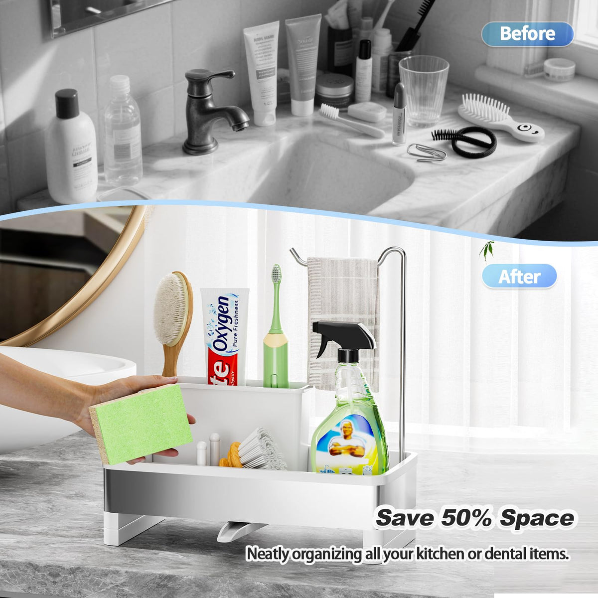 Ewaiira versatile sink organizer suits kitchen, bathroom, and vanity setups.