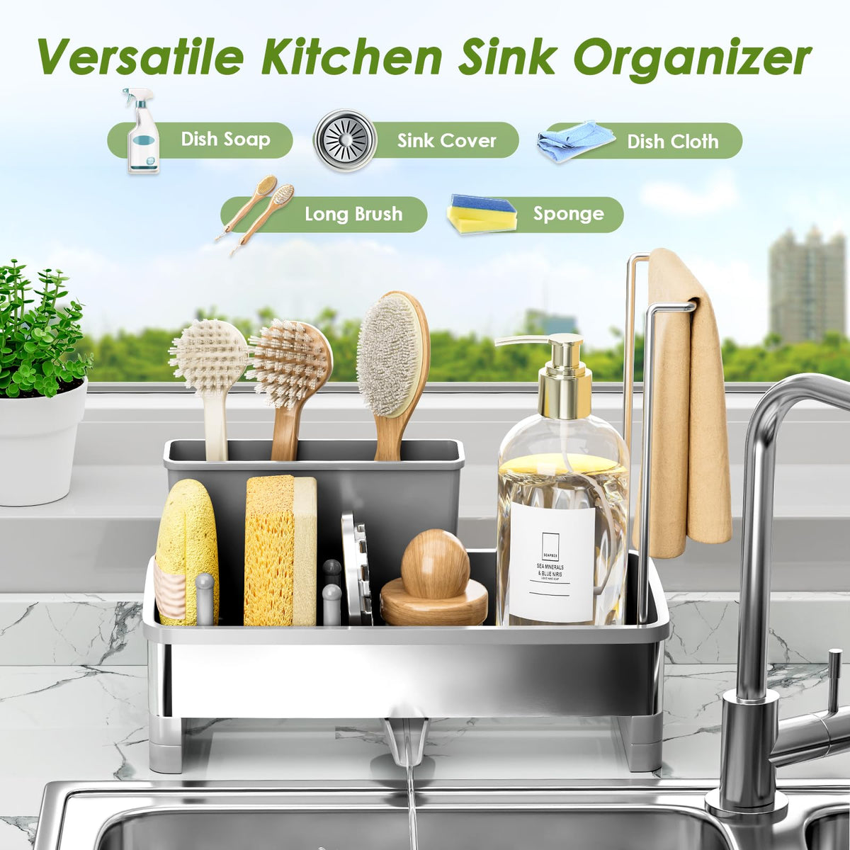 Ewaiira sink caddy with removable brush holder for organized cleaning tools.