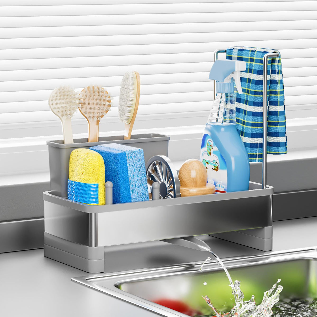 Ewaiira stainless steel sink caddy with rustproof finish and compact design.