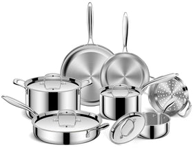 EWFEN 11-piece cookware set on stove with a sleek mirror finish for daily meals.