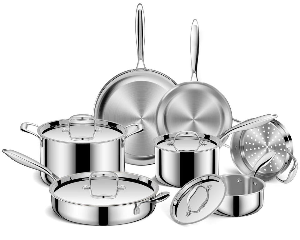 EWFEN 11-piece cookware set on stove with a sleek mirror finish for daily meals.