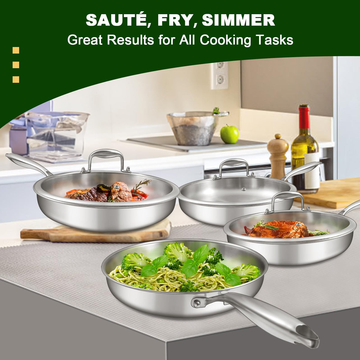 EWFEN 12-inch tri-ply pan with lid for versatile cooking.