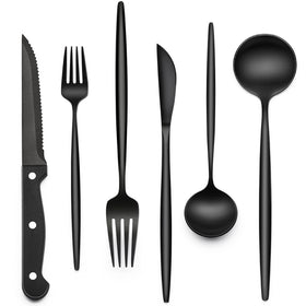 EWFEN 24-piece black silverware set for four, adds coordinated elegance to home dining.