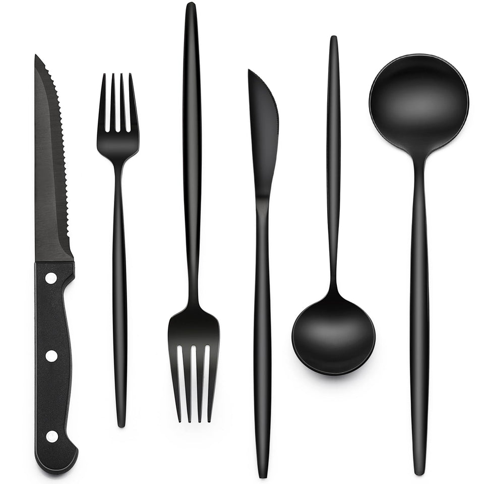 EWFEN 24-piece black silverware set for four, adds coordinated elegance to home dining.