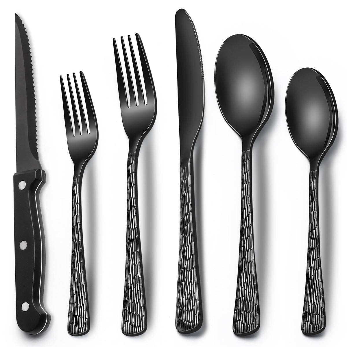 EWFEN 24-piece black flatware set on table, durable stainless steel for daily dining.