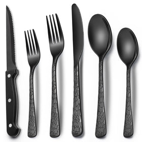 EWFEN 24-piece black flatware set on table, durable stainless steel for daily dining.