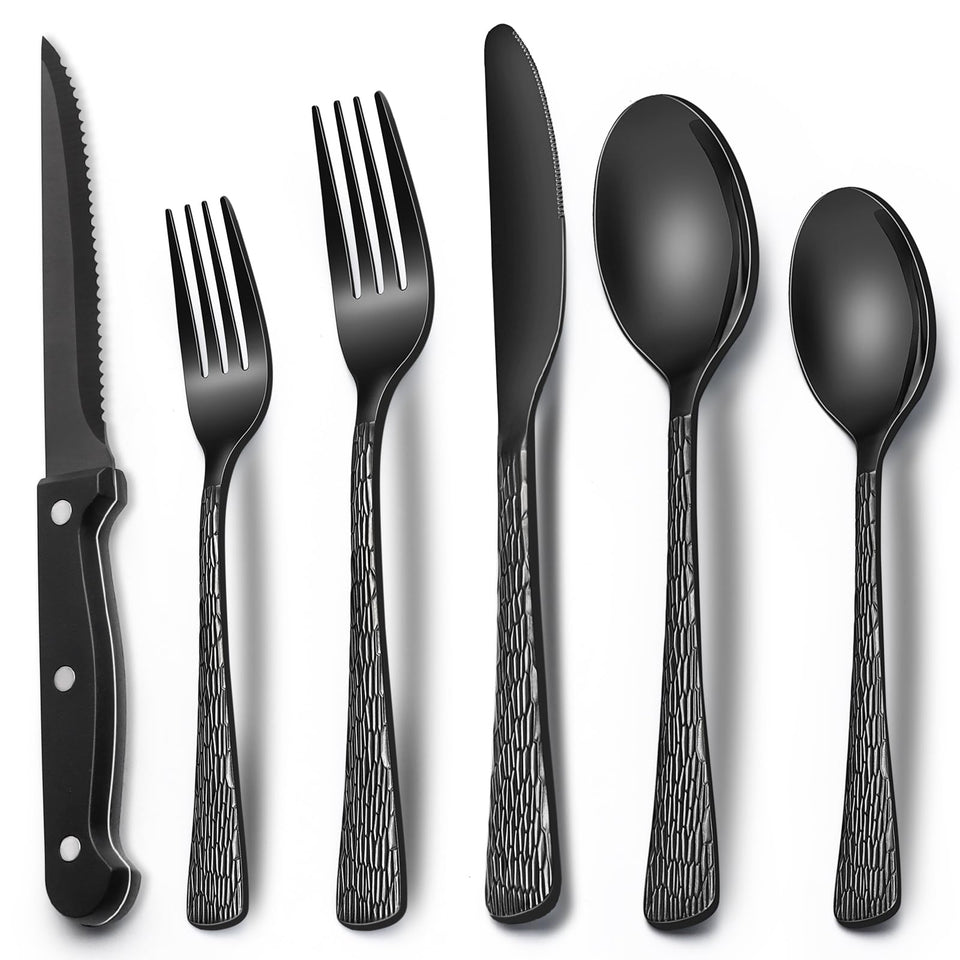 EWFEN 24-piece black flatware set on table, durable stainless steel for daily dining.
