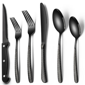 EWFEN 24-piece black silverware set with dinner forks, durable and rust-resistant.
