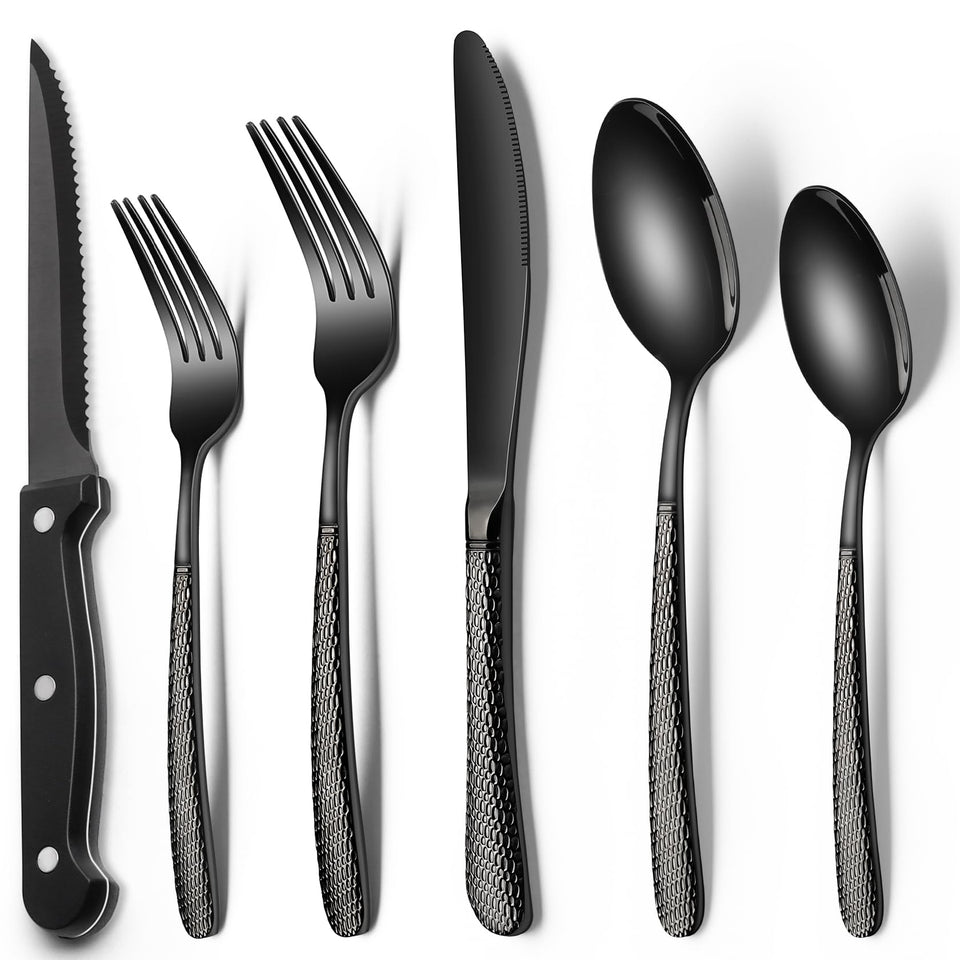EWFEN 24-piece black silverware set with dinner forks, durable and rust-resistant.