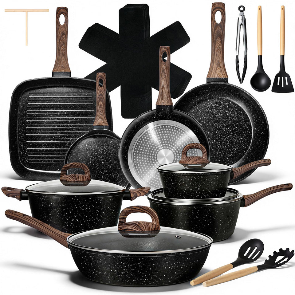 EWFEN 25pc set with granite nonstick coating for smooth cooking and easy release.