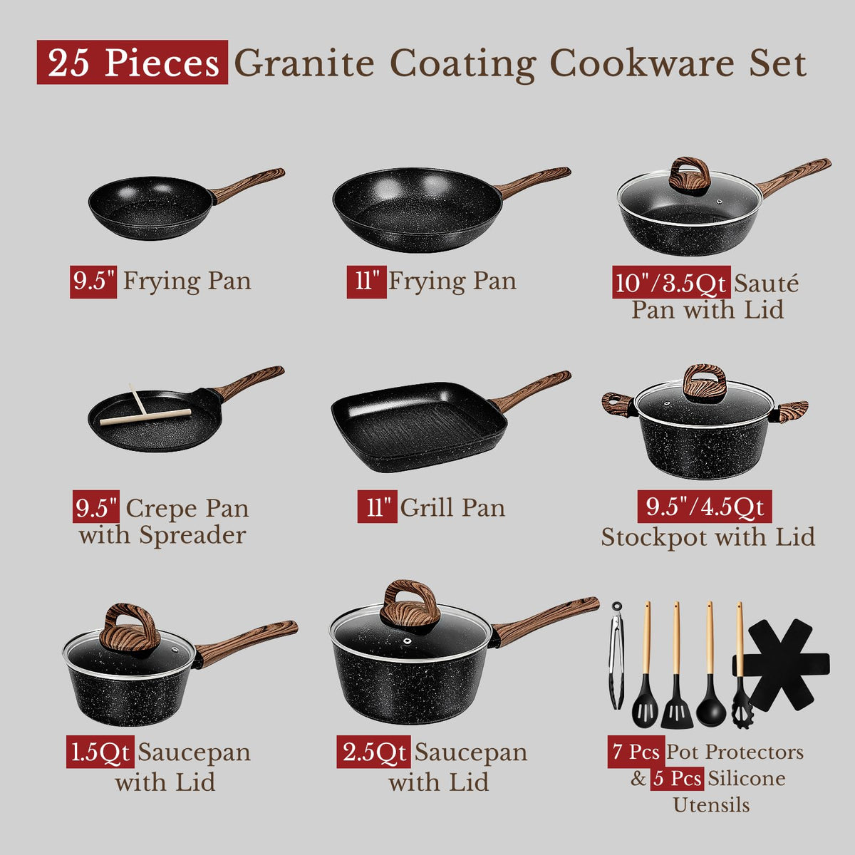 EWFEN 25pc set with induction-compatible base for versatile stovetop use.