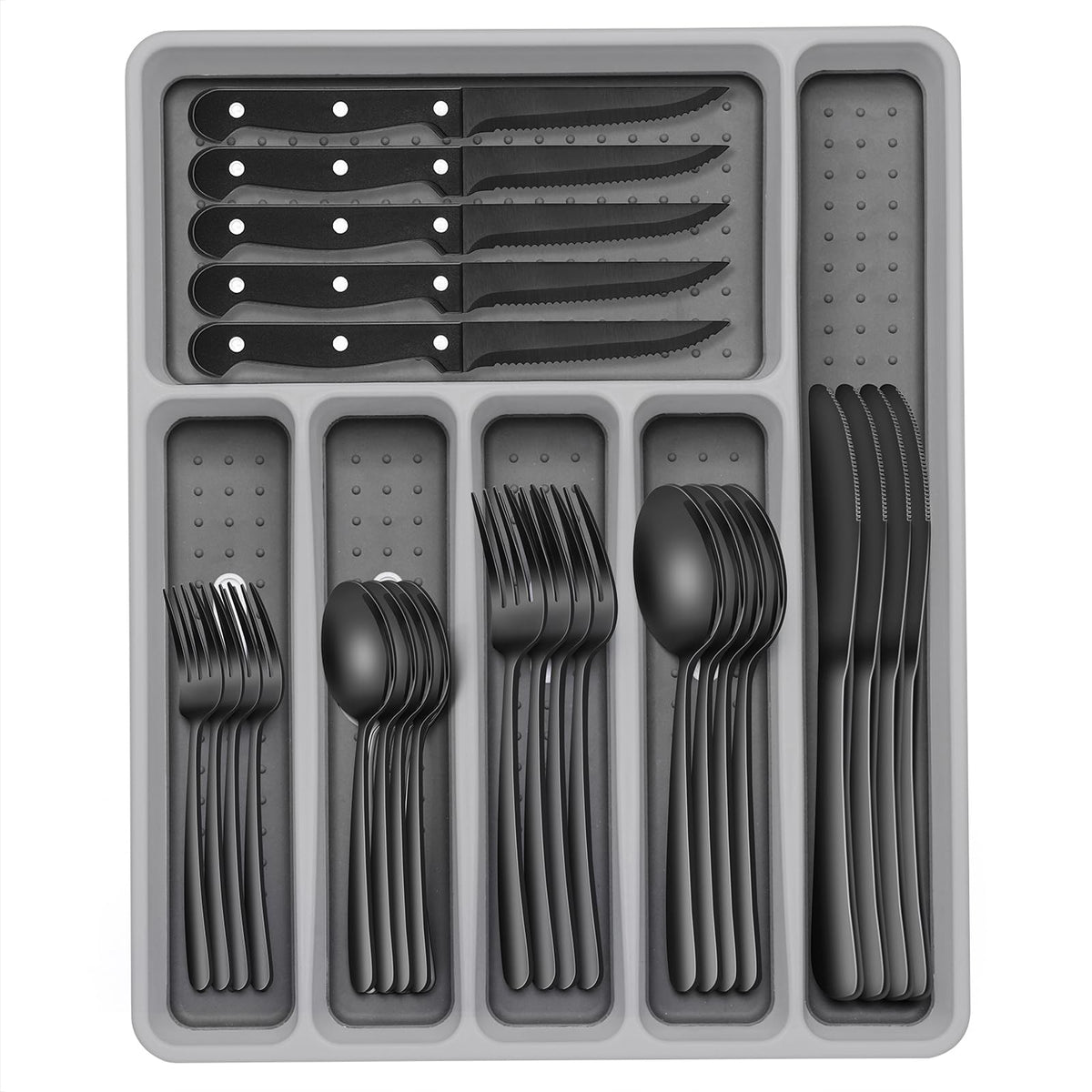EWFEN 49-piece black silverware set with drawer organizer for organized kitchen drawers