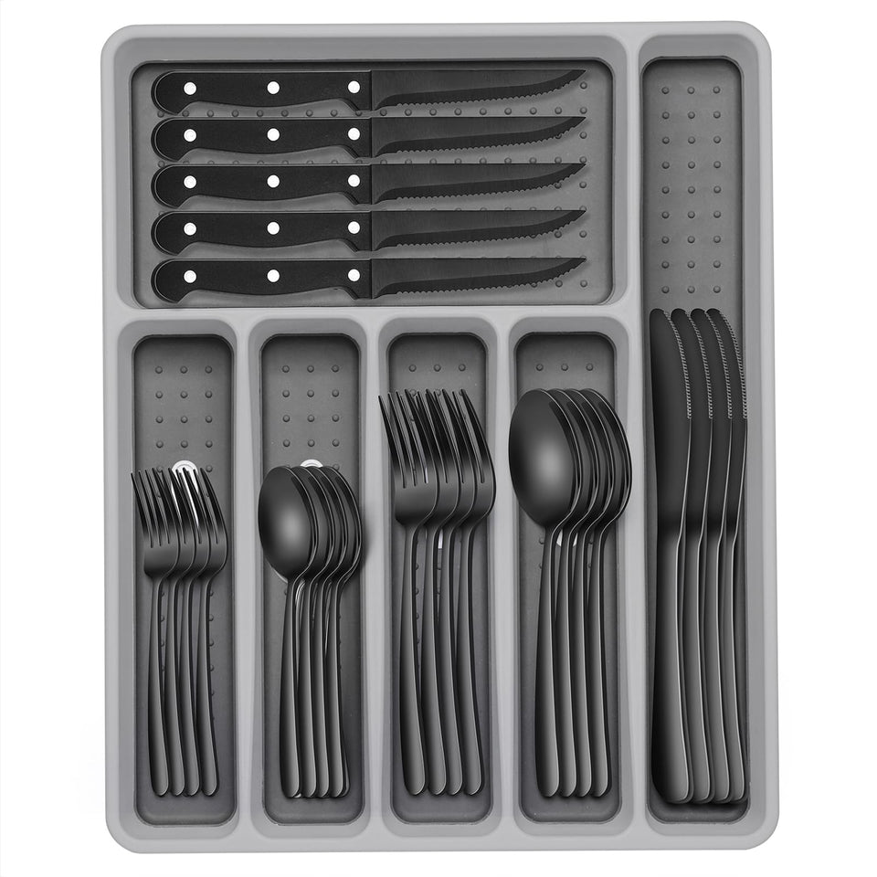 EWFEN 49-piece black silverware set with drawer organizer for organized kitchen drawers