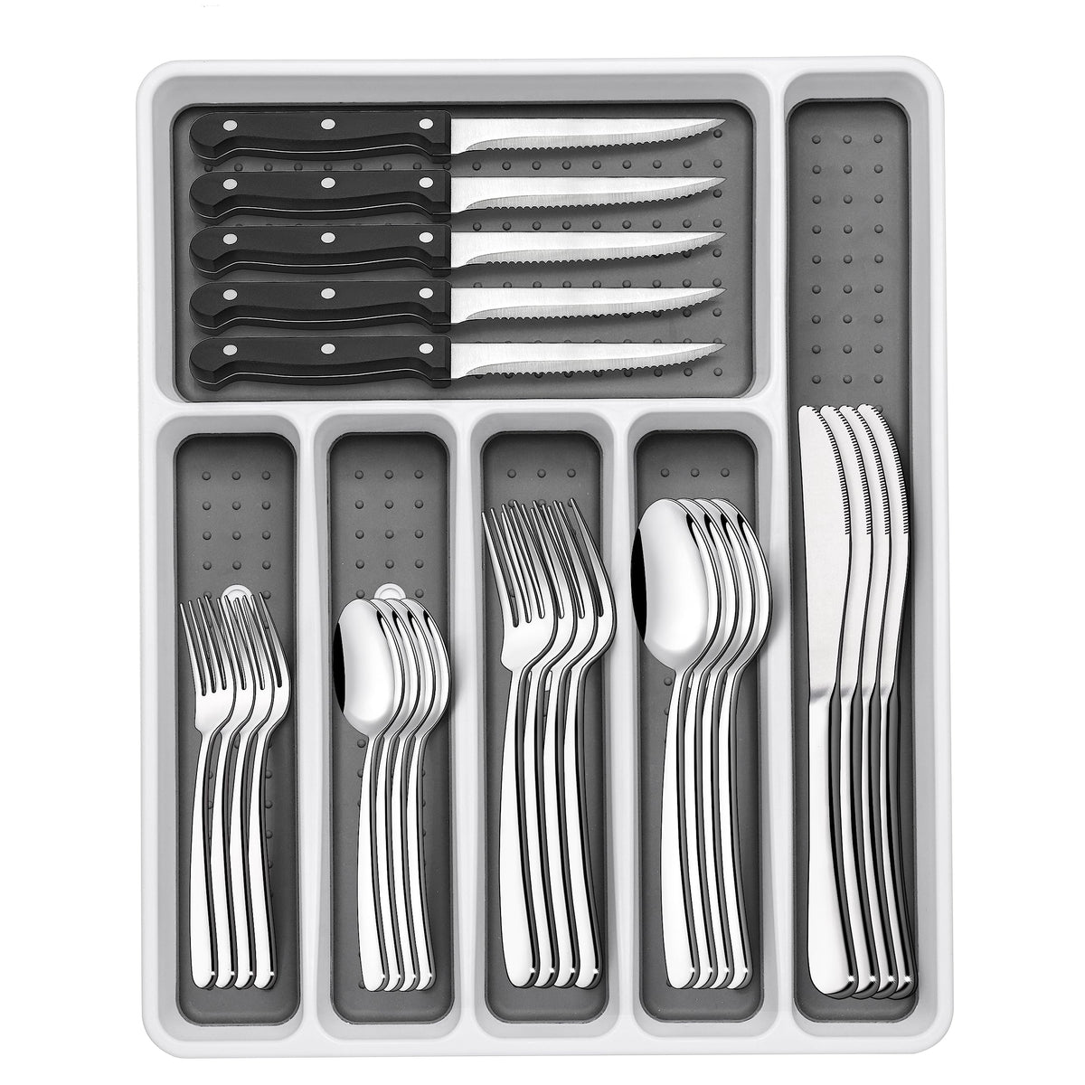 EWFEN 49-piece silverware set with organizer for organized drawer storage.