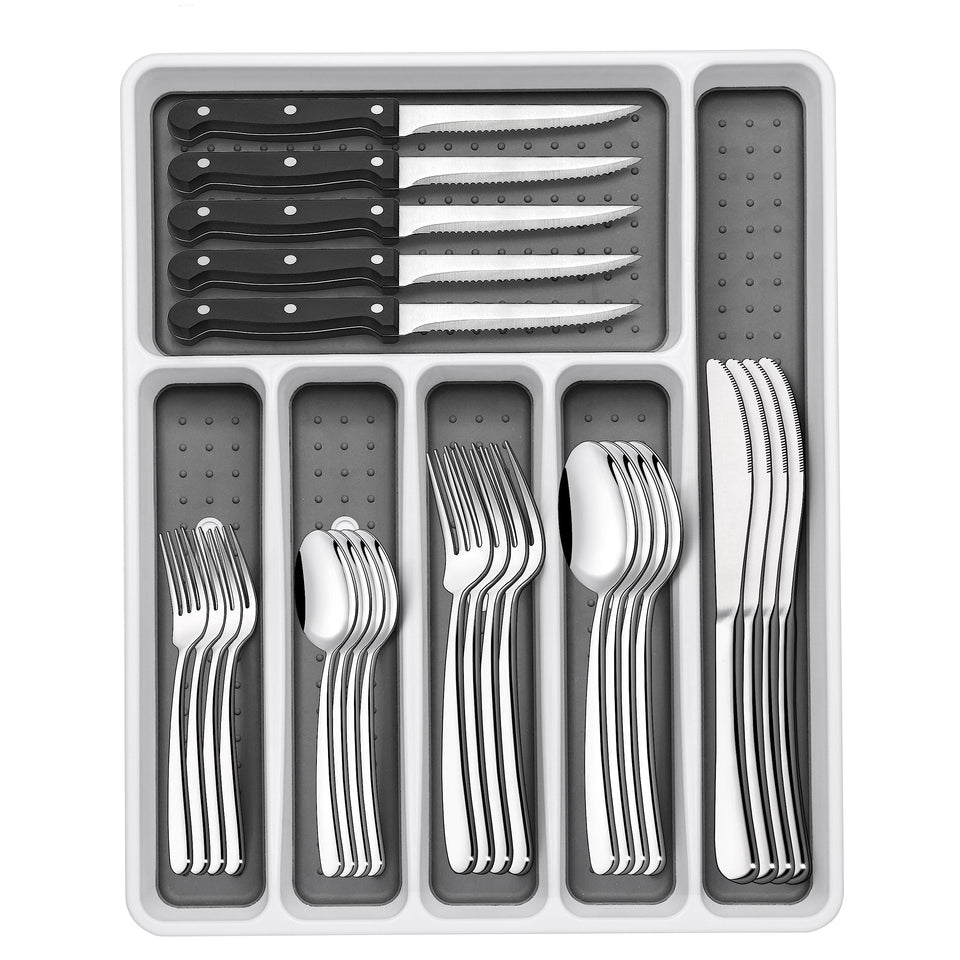 EWFEN 49-piece silverware set with organizer for organized drawer storage.