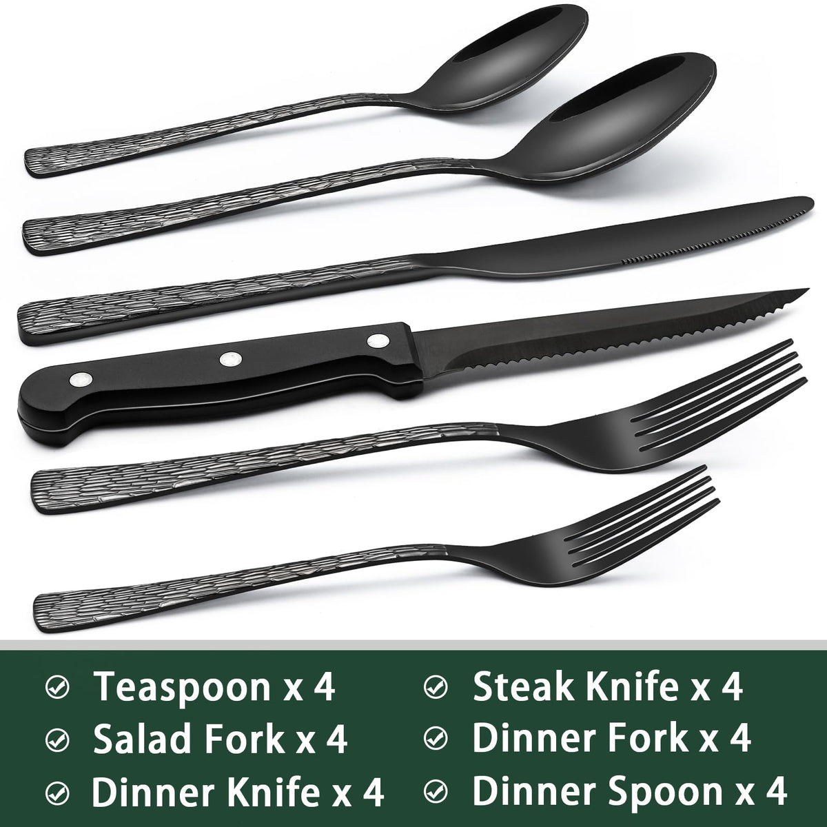 EWFEN black steak knives with serrated blades, ideal for easy meat slicing.