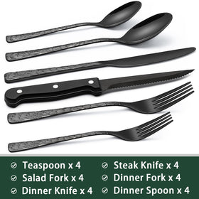 EWFEN black steak knives with serrated blades, ideal for easy meat slicing.