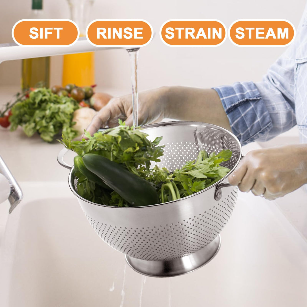 EWFEN BPA-free stainless steel colander preserves flavor and safety.