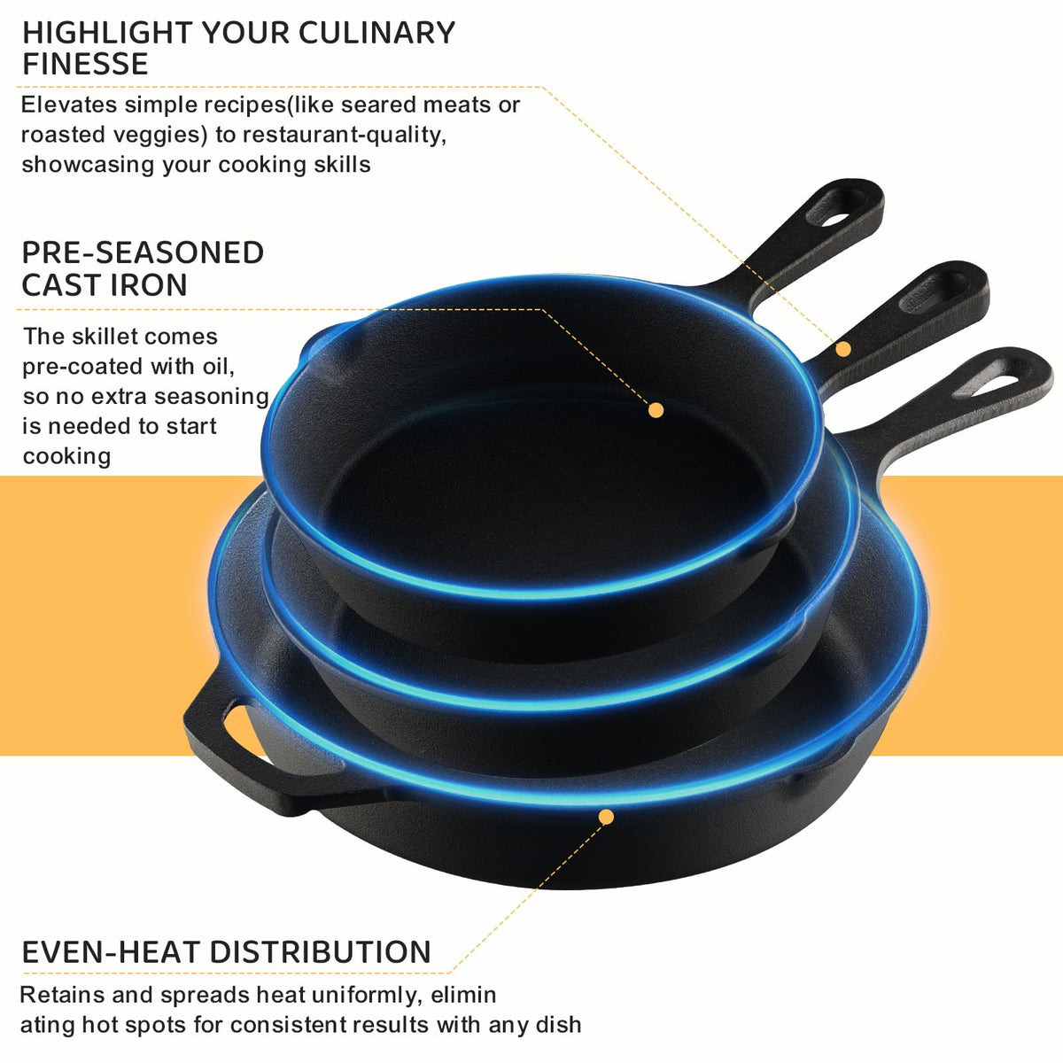 EWFEN easy-care cast iron skillet encourages oil maintenance after washing.