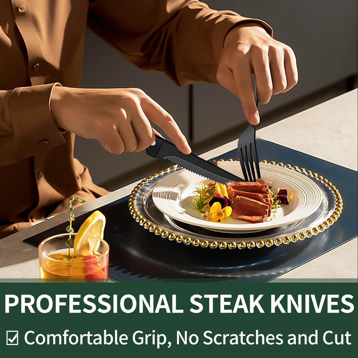 EWFEN ergonomic-black-handle flatware offers a comfortable grip during meals.
