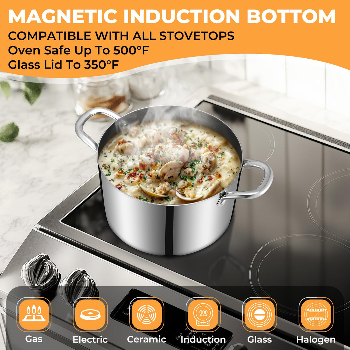 EWFEN stock pot with ergonomic handles for safe lifting