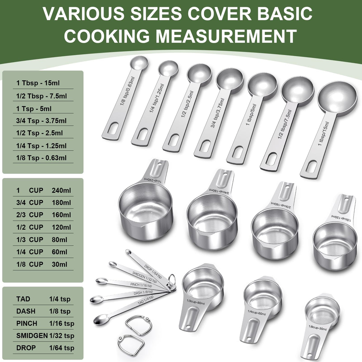 EWFEN measuring cups and spoons set made from rust-resistant 18/0 stainless steel.